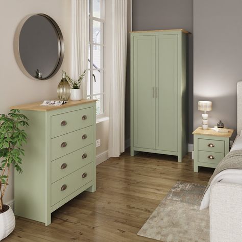 Bedroom Furniture Sets Pista Green Wardrobe Furniture, Sage Green Furniture, Hanging Drawer, Sage Bedroom, Fabric Upholstered Bed, Mirrored Armoire, Furniture Packages, Green Furniture, Storage Furniture Bedroom