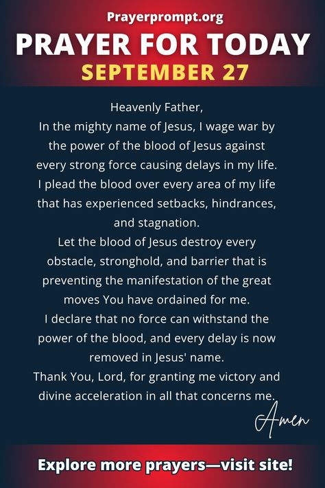 Daily Prayer for September 27 2024 -Waging War by the Blood of Jesus Prayer For September, Daily Prayers Mornings, 2024 Prayer, Invocation Prayer, Jesus Drawing, Today's Prayer, Lent Prayers, Salvation Prayer, Easter Prayers