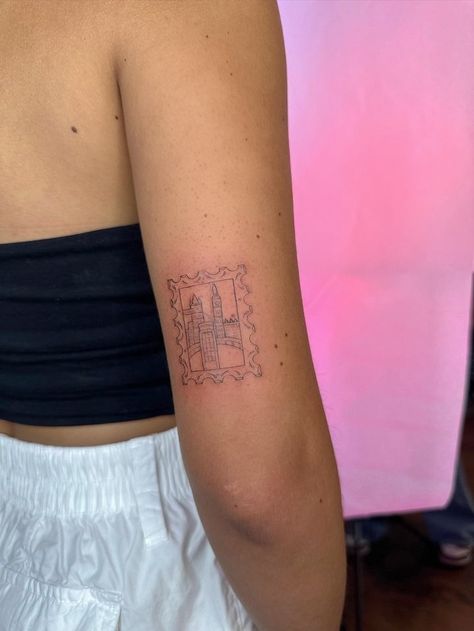 London stamp tattoo. Fine line tattoo. (Suze @ Sixtyink London) Uk Stamp Tattoo, Fine Line Stamp Tattoo Ideas, London Post Stamp Tattoo, London Fine Line Tattoo, Simple London Tattoo, London Themed Tattoo, Tattoos To Get In London, England Stamp Tattoo, London Postage Stamp Tattoo