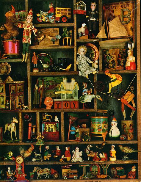 ∷ Variations on a Theme ∷ Collection of antique toys Shadow Box Art, Toy Display, Disney Vintage, Assemblage Art, Tin Toys, Antique Toys, Shadow Boxes, A Shelf, Old Toys