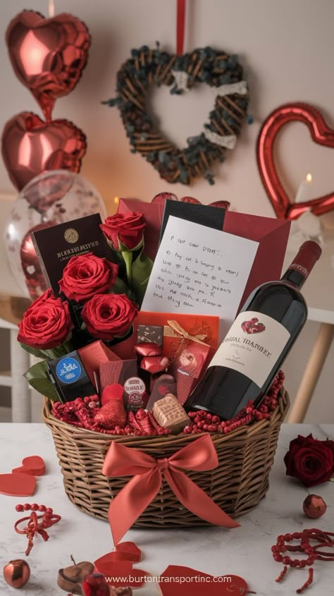 A classic Valentine’s Day gift basket screams romance and love. Start with a wicker or heart-shaped basket and line it with red tissue paper. Fill the basket with a dozen red roses or artificial roses for a lasting touch, a box of gourmet chocolates, and a bottle of red wine or sparkling cider. To add a personal touch, include a handwritten love letter or a heartfelt card. For wrapping, use clear cellophane to give it a polished look, and tie it all together with a luxurious satin red ribbon. You can even add a small tag with a romantic quote or message to make it even more special. Valentines Gift Idea For Him, Pink And Red Gift Basket, Valentine Gifts Package, Valentine's Gift Chocolate, Valantanceday Gift, Valentines Day Basket Ideas For Her, Gift Box Valentine, Valentine Gift Boxes Ideas, Valentine Gifts Box Ideas