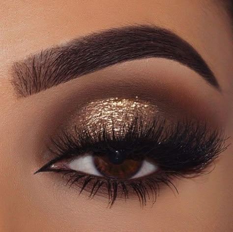 Goldish Eye Makeup, Bridesmaids Makeup Smokey Eye, Eye Makeup For Night Wedding, Brown Smokey Eye With Gold Shimmer, Wedding Makeup For Brown Eyes Dramatic, Smokey Eye With Gold Makeup, Brown Smokey Eye Glitter, Matric Makeup Ideas, Evening Eyeshadow Looks