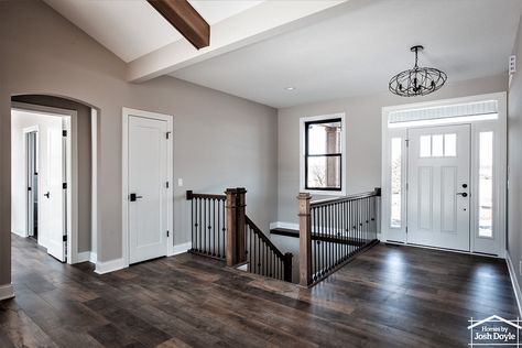 Stairs To Basement In Entryway, Open Stairway To Basement, Open Stairs To Basement, Entryway With Stairs, Open Staircase To Basement, Stairs To Basement, Open Staircase Ideas, Split Entry Remodel, Foyer With Stairs