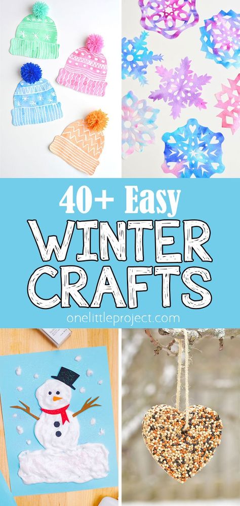 These easy winter crafts are SO MUCH FUN! There's tons of ideas for snowmen, snowflakes, ice, snow, bird feeders, and more! These simple and inexpensive winter craft ideas are awesome for all ages, with great winter crafts for toddlers, preschoolers, kids, tweens, teens, adults, and seniors. Cotton Ball Winter Crafts For Kids, Winter Class Party Crafts, Winter Crafts For 2nd Grade, Snowflake Arts And Crafts For Kids, Winter Decoration Kindergarten, Winter Craft For Kids Easy, Winter Craft Kindergarten Easy, Snow Art Projects For Kids Preschool, January Crafts For Kids Preschool Easy