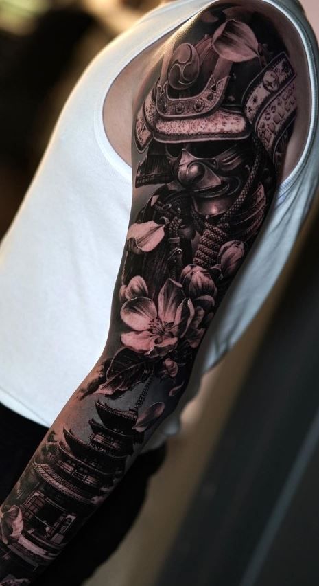 185 Realistic Tattoos That Challenge Reality - Tattoo Me Now Samurai Sleeve Tattoo Design, Ultra Realistic Tattoo, Tattoo Ideas For Men Samurai, Realistic Shoulder Tattoo Men, Japanese Tattoo Art Realism, Men’s Realism Tattoo, Realistic Japanese Tattoo Sleeve, Asian Style Tattoo Sleeve, Dark Samurai Tattoo