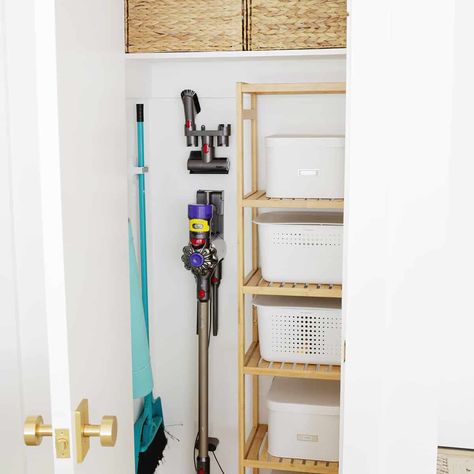 Broom Closet Organizer, Hall Closet Organization, Organize A Closet, Emily Henderson Design, Stackable Shelves, Utility Closet, Hallway Closet, Broom Closet, White Closet