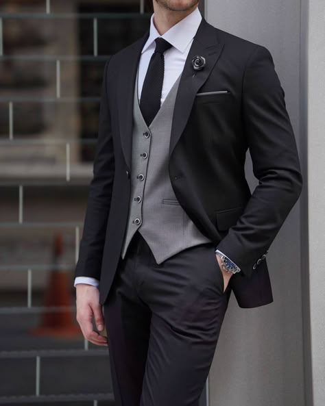 Distinguished in black, refined in gray. Elevate your style game with the timeless sophistication of our Black-Gray Combination Suit. Regular Price 325 USD FREE & FAST SHIPPING WORLDWIDE 🔍 Black - Gray Combination Suit #BlackGrayCombo #SuitUp #DapperStyle #SartorialSophistication #ElevateYourLook #MensFashion #DapperGents #FashionChoices #OutfitOfTheDay Grey And Black Suit Men, Charcoal Suit Men, Black Suit Outfit, Black And Grey Suit, Reject Modernity, Mafia Men, Suit Combinations, Black Suit Men, Classy Suits