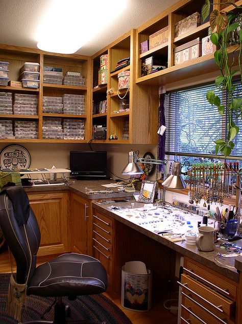 I really want to make my space more like this one!    Inside my studio. by Beaded Art Jewelry, via Flickr Craft Sheds, Craft Bench, Organized Spaces, Sewing Desk, Craft Spaces, Workspace Desk, Dream Craft Room, Sewing Storage, Craft Room Design