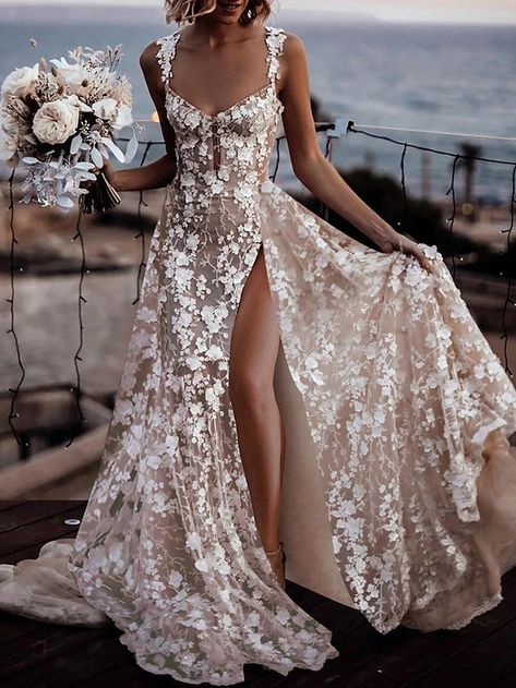 Beach Boho Wedding Dresses A-Line Sweetheart Regular Straps Court Train Lace Bridal Gowns With Appliques Split Front 2024 2024 - $323.99 Multiple Piece Wedding Dress, Boho Blush Wedding Dress, Fall Beach Wedding Dress, Beach Bridesmaid Dresses Boho, A Line Wedding Dress With Straps, Beach Reception Dress, Mocha Wedding Dress, Nature Inspired Wedding Dress, Beach Mermaid Wedding Dress