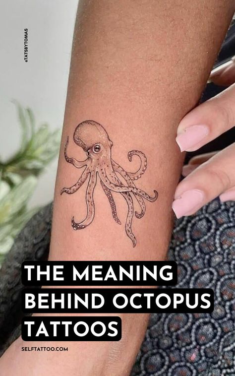 Marine Inspired Tattoo, Meaning Of Octopus Tattoo, Small Tattoos Octopus, Octopus Tattoo Sleeve Woman, Cute Octopus Tattoo Design, Octopus Tattoos Meaning, Octopus Tattoo Wrapped Around Arm, Octopus Holding Flowers Tattoo, Leg Sea Tattoo