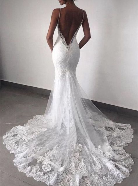 Simple Wedding Dress Country, Garden Outdoor Wedding, Backless Lace Wedding Dress, Spaghetti Strap Wedding Dress, Outdoor Wedding Dress, Tulle Wedding Gown, Mermaid Wedding Dresses, Back Wedding Dress, Country Wedding Dresses