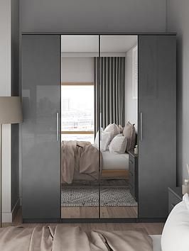 Very home prague gloss 4 door, 4 drawer wardrobe with gloss outer doors and a matt frame in grey and white - fsc® Light Grey Cupboards Bedroom, Grey And White Wardrobe Design, Grey Cupboards Bedroom, Grey Wardrobe Bedroom, Walk In Closet Inspiration, Modern Wardrobe Design, Grey Cupboards, Grey Wardrobe, Smart Closet