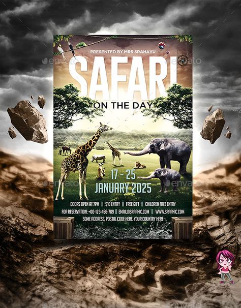 Safari on the Day Flyer Template Safari Poster Design, Mobile Art Design, Layered Photos, Safari Poster, Mary Kay Holiday, Holiday Flyer Template, Raising Canes, Holiday Flyer Design, Ad Inspiration