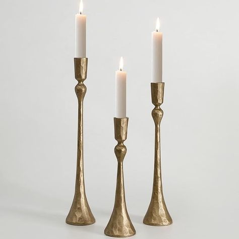 Amazon.com: Vintage Cast Iron Taper Candle Holder - Set of 3 Decorative Candle Stand, Candlestick Holder for Wedding, Dinning, Party (Antique Brass) : Home & Kitchen Antique Brass Candle Holders, Gold Candlestick Holders, Three Candle Holder, Candle Holder Crafts, Candles Vintage, Led Taper Candles, Candle Stands, Church Candles, Metal Candle Holder