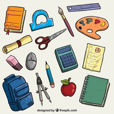 Los útiles escolares Vector Premium | Premium Vector #Freepik #vector #utiles-escolares #cuaderno-escolar #dibujos-lapiz #cuaderno-dibujo About School, School Library, Premium Vector, School Supplies, Design