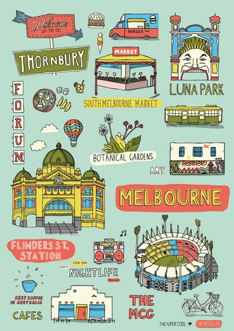 Melbourne Map Illustration, Australia Graphic Design, Tourism Design Ideas, Melbourne Drawing, Melbourne Illustration, Melbourne Poster, Australia Illustration, Melbourne Australia City, Melbourne Map