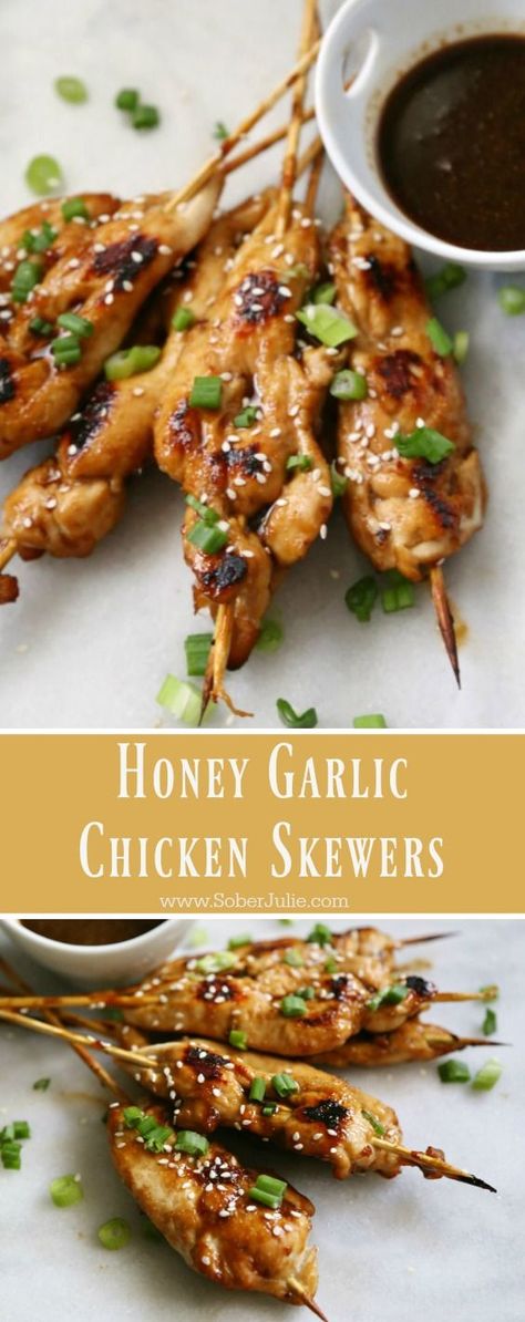 Honey Garlic Chicken Skewers - Sober Julie Honey Garlic Chicken Skewers, Kabob Ideas, Garlic Chicken Skewers, Vegan Grill, Easy Honey Garlic Chicken, Shish Kabob, Dinners Healthy, Easy Bruschetta, Chicken Skewer Recipe