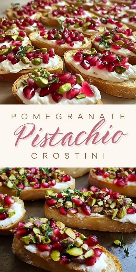 Elevate your appetizer game with these stunning Pomegranate Pistachio Crostini! This easy yet elegant dish features crunchy crostini topped with creamy cheese, tart pomegranate seeds, and toasted pistachios, making it the perfect holiday appetizer or dinner party treat. 🍷🌿 The sweet and savory combo will have your guests coming back for more! #CrostiniRecipes #HolidayAppetizers #PomegranateRecipes #PistachioLovers #PartyFood #ElegantAppetizers #EasyRecipes #EntertainingIdeas Pomegranate Recipes Appetizer, Pomegranate Recipes Healthy, November Dinner Party, Pomegranate Crostini, Christmas Eve Meals, November Dinner, Pomegranate Pistachio, Pomegranate Seeds Recipe, Easy Holiday Snacks