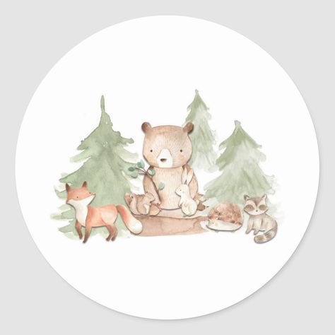 Woodland Baby Shower Favors, Forest Animal Baby Shower, Woodland Forest Animals, Forest Animal Nursery, Watercolor Woodland, Animals Baby Shower, Baby Shower Stickers, Woodland Forest, Animal Baby Shower