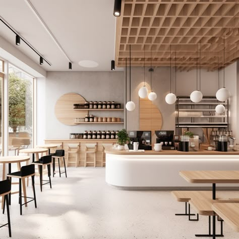 Scandinavian Style Coffee Shop, Bagel Shop Interior Design, Scandi Cafe Interior, Minimalistic Cafe Interior, Simple Coffee Shop Design, Scandinavian Cafe Interior, Bakery Aesthetic Interior, Minimal Cafe Design, Japandi Cafe