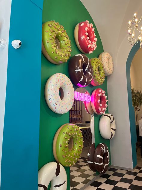 Cafe design #cafe #coffeeshop #commercialinterior Donut Cafe Interior, Quirky Cafe Ideas, Donut Shop Decor, Donut Cafe Design, Donut Store Design, Colorful Bakery Interior, Donuts Shop Design, Bakery Ideas Interior, Donut Shop Design