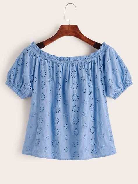 SHEIN Off Shoulder Ruffle Trim Embroidery Eyelet Top | SHEIN Singapore Embroidery Top Designs For Women, Simple Top Designs, Trim Embroidery, Áo Blu, Simple Frocks, Stylish Short Dresses, Communication Methods, Top Shein, Night Dress For Women