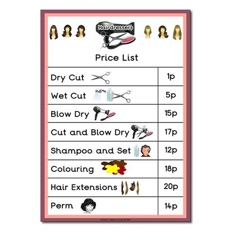 Hairdresser Price List - 1-20p Hairdresser Price List, Role Play Shop, Kids Salon, Dramatic Play Printables, Salon Price List, Teaching Printables, Role Play Areas, Dramatic Play Area, Signature Ideas