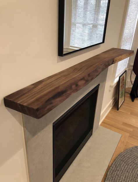 Live Edge Wood Mantle Fireplace, White Oak Live Edge Mantle, Walnut Live Edge Mantle, Wrap Around Mantl Shelf, Live Edge Wood Shelves, Walnut Projects, Walnut Mantle, Rustic Wood Mantle Mantel Shelf, Shelves Wall Decor