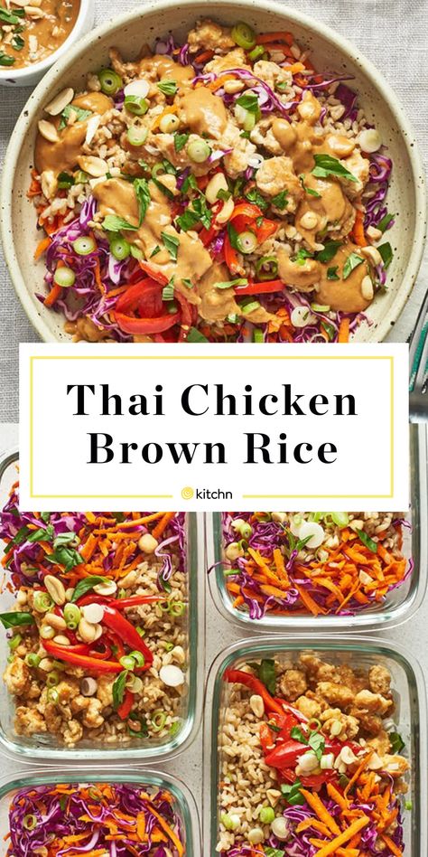 Meal Prep With White Rice, Spicy Chicken Yum Yum Rice Bowls, Easy Grain Bowls, Power Bowls Dinner, Grain Bowls Healthy Recipe Ideas, Thai Meal Prep, Rice Bowl Meal Prep, Thai Chicken Bowl, Chicken Grain Bowl