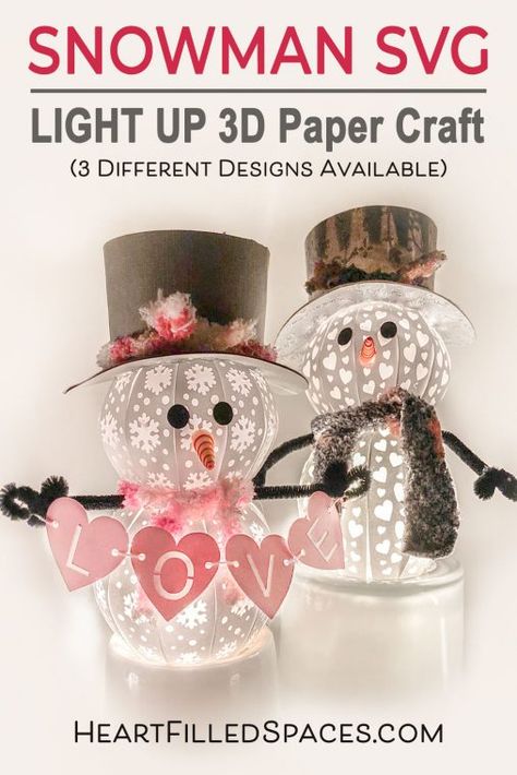 Chase away the winter blues with this sweet light up paper snowman craft. Follow this detailed tutorial and download your free SVG cut file or PDF printable to create your own. #snowmansvg #freesvg #papersnowman #cutesnowman #cricut #silhouette Snowman Svg, Printable Snowman, Idee Cricut, Christmas Paper Crafts, 3d Paper Crafts, Snowman Crafts, Cricut Free, 3d Christmas, Cricut Craft Room