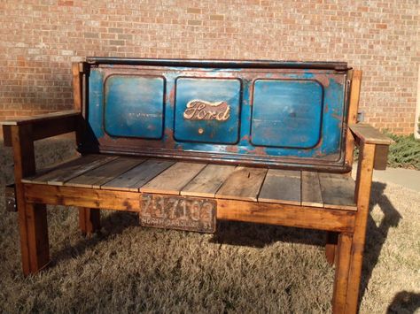 Vintage Blue Red Rust Ford Tailgate Bench, 1951, license plate, soda drink bottle opener, pallet wood, reclaimed, repurposed Chevy Tailgate Bench, Truck Tailgate Bench, Tailgate Bench, Tailgate Ideas, Car Part Furniture, Automotive Furniture, Truck Tailgate, Car Furniture, Tail Gate