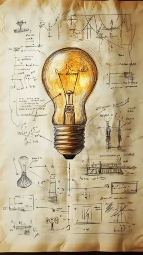 ↑↑↑ Larger size on website 🔸 A detailed sketch of a lightbulb dominates the center of an old, parchment-like paper. The paper is Time Travel Machine Drawing, Lightbulb Sketch, Engineering Sketches, Time Travel Machine, Time Travel, Art Inspo, Art Images, Light Bulb, Physics