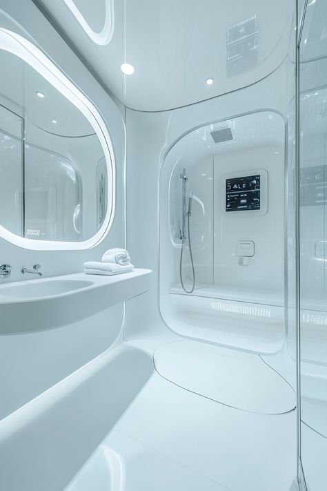 Minimalist Futuristic Interior Design, Korean Salon, Futuristic Design Interior, Futuristic Aesthetic White, White Futuristic Aesthetic, Futuristic Gym, White Futuristic Aesthetic Fashion, Futuristic Bathroom Design, Futuristic Bathroom Aesthetic