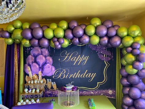 Purple And Green Balloon Arch, Green And Purple Themed Party, Green And Purple Birthday Decorations, Purple And Green Birthday Party Ideas, Purple And Green Balloon Garland, Green And Purple Party, Green And Purple Birthday, Green And Purple Balloons, Pink Purple Green Balloon Garland