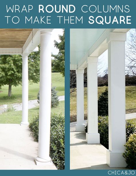 See how to transform your found porch columns into square ones without any demo work. @homedepot Diy Exterior Columns Porch Posts, Cover Front Porch Post, Deck Columns Porch Posts, How To Replace Front Porch Columns, Update Round Porch Columns, Changing Front Porch Columns, Updating Columns On Porch, Diy Front Porch Column Makeover, Update Pillars On Front Porch