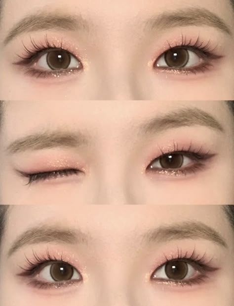 Makeup For Small Asian Eyes, Makeup Looks Monolid Eyes, Monolid Glitter Eye Makeup, Korean Eye Makeup Monolid, Makeup Looks For Monolid Eyes, Korean Double Eyelid Makeup, Hooded Korean Eye Makeup, Eyeliner On Monolid Eyes, Douyin Eye Makeup Monolid