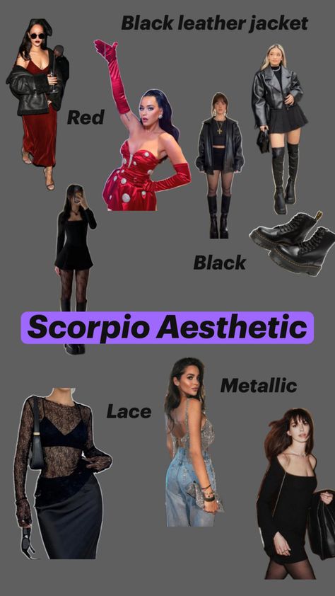 Scorpio: As a mysterious and intense sign, Scorpio loves fashion that is dark and edgy. Think leather, lace, and anything that makes you feel powerful and confident. Scorpio Lilith Style, Dress Like A Scorpio, Scorpio Fashion Outfits, Scorpio Moon Aesthetic Outfit, Saggitarius Rising Outfit, Lilith In Scorpio Outfits, Scorpio Energy Aesthetic, Scorpio In Venus Style, Scorpio Midheaven Aesthetic