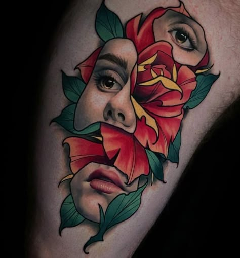 Tato Realis, Traditional Tattoo Girls, Neo Traditional Art, Watercolour Tattoos, Neo Tattoo, Mother Nature Tattoos, Traditional Tattoo Inspiration, Japanese Flower Tattoo, Hyper Realistic Tattoo