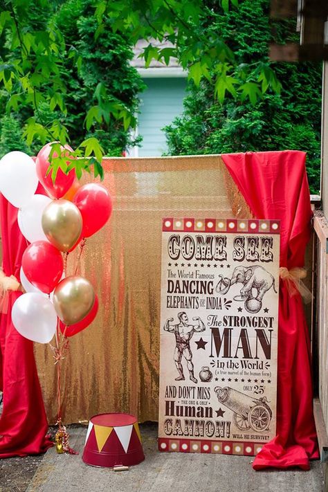 Vintage Circus Photo Booth from a Vintage Circus Birthday Party on Kara's Party Ideas | KarasPartyIdeas.com (24) Circus Theme Stage Decorations, Vintage Carnival Birthday Party, French Circus Party, Vintage Circus Theme Party Decorations, Vintage Circus Party Centerpieces, Diy Circus Tent Canopies, Circus Party Backdrop, Circus Backdrop Ideas, Circus Photo Backdrop