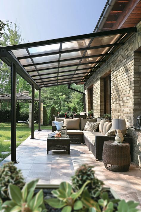 Find stylish solutions for outdoor protection with these 40 patio cover ideas, shielding from rain and sun. Whether you prefer modern awnings or traditional pergolas, discover options that enhance your patio's functionality and design. Say goodbye to weather concerns and hello to stylish outdoor living! #PatioCoverIdeas #OutdoorProtection #StylishSolutions Pergola And Pool Patio Ideas, Side Yard Covered Patio, Corner Patio Cover, Outdoor Living Pergola, Rainproof Patio Outdoor Spaces, Exterior Covered Patio, Backyard Patio Cover Designs, Outdoor Patio Pergola Ideas, Covered Porch Roof Ideas