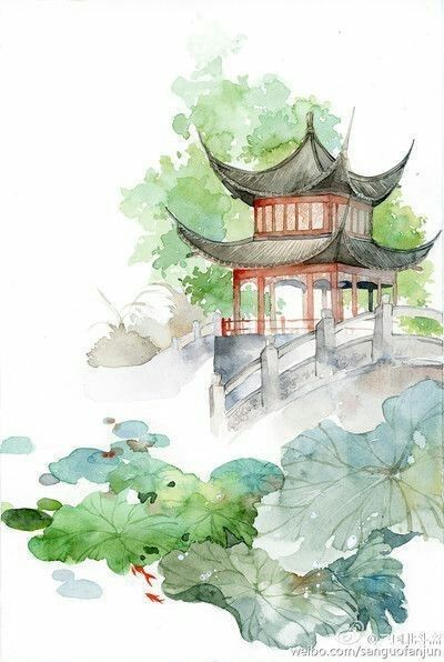 Peisaj Abstract, Chinese Art Painting, Watercolor Architecture, Architecture Drawing Art, Chinese Landscape, Lotus Leaves, 수채화 그림, Art Japonais, China Art