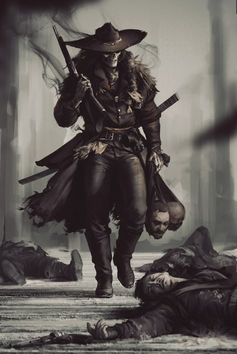 ArtStation - "BOUNTY HUNTER" , Denys Tsiperko Western Gunslinger Art, Gunslinger Art, Cowboy Character Design, Fantasy Western, Weird West, Western Artwork, Bounty Hunters, West Art, Vampire Hunter