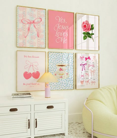 "See our full collection at https://www.olkeningpress.etsy.com Enhance your space with the timeless beauty of our Coquette Room Decor Christian Set of 6. This printable wall art features some of our best sellers in the color pink, available as a digital download, combines the elegance of vintage art with the inspirational words of several popular bible verses. Fill your home with Scripture Verse Wall Art and Christian Aesthetic that will add warmth and beauty to your space. Be sure to check out our shop olkeningpress.etsy.com to discover more amazing art that you will love!  This Product Is An Immediate Digital Download WHAT YOU GET: FORMATS: JPG 300 DPI HIGH QUALITY in the following sizes: 4\" x 6\" 5\" x 7\" 8\" x 10\" 11\" x 14\" 11\" x 17\" 16\" x 20\" 18\" x 24\" 24\" x 36\"  HOW TO D Over The Desk Wall Decor, Pink Gallery Wall Ideas, Dainty Wall Decor, Picture Wall Bedroom Ideas, Colorful Bedroom Wall Decor, Wallpaper Aesthetic Room Decor, Pink Pastel Room Aesthetic, Happy Room Aesthetic, Popular Room Ideas