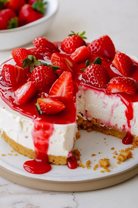 The next time you need a sweet treat to impress, make this stunning strawberry cheesecake recipe. It's rich, creamy, and delightfully decadent. Yummy Deserts Pics, Strawberry Jelly Cheesecake, How Pinterest Sees Me Food, Birthday Cake Ideas Recipes, Healthy Desserts Ideas, Strawberry Cake Cheesecake, Food Obsession Recipes, Good Dishes, Cool Things To Bake