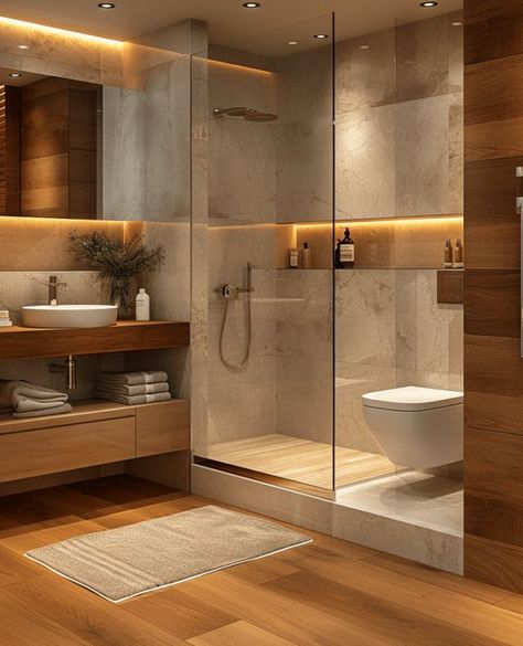 Dark Wood Modern Bathroom, German Bathroom Design, Modern Elegant Bathroom Ideas, Modern Spa Like Master Bath, Nordic Spa Bathroom, Restroom Design Home, Scandinavian Modern Bathroom, Shower And Toilet Side By Side, Minimalistic Houses Interior