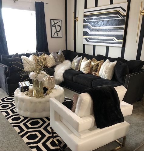 Black White And Gold Apartment, Black And Gold Luxury Living Room, Dark Glam Home Decor, Black White Gold Living Room Decor, Black Gold And Silver Living Room Decor, Gold And Black Apartment Decor, Brown Black And Gold Living Room, Black Gold White Living Room Ideas, Living Room Decor Glam Luxury