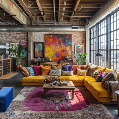 Eclectic Loft Interior Styles for Modern Metropolitan Charm • 333+ Inspiring Lifestyle Ideas Colorful Industrial Decor, Loft Color Palette, Urban Loft Decor, Color Alchemy, Loft Living Space, Loft Aesthetic, Eclectic Loft, Deco Loft, Loft Style Interior