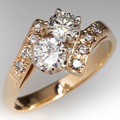 This gorgeous twin diamond ring features a bypass style shank and is centered with two (2) round brilliant cut diamonds set into four-prong settings. The shoulders of the ring are each accented with four (4), bead set, round brilliant cut diamonds. The ring measures 12.4mm at the top, rises 7.6mm above the finger, tapering to 3.1mm wide and 1.3mm thick at the base of the shank. It is currently a size 10. 3 Diamond Ring Settings, 2 Diamond Ring Design, Cluster Diamond Ring, Ring Redesign Before And After, Resetting Diamonds Ideas, Double Diamond Ring, Vintage Spoon Jewelry, Claddagh Ring Wedding, Big Diamond Engagement Rings