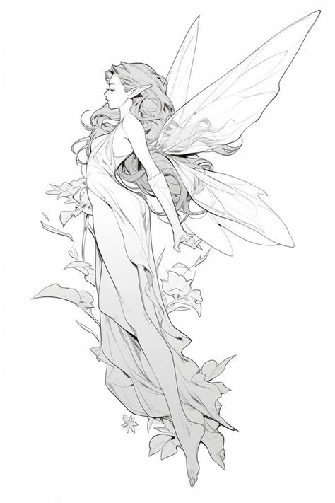 Fairy Forest Sketch, Manga Ink Art, Anime Fairy Drawing, Fairy Pose Reference Drawing, Fairy Poses Drawing, Fairy Reference Pose, Fairy Drawing Reference, Fairy Poses Reference, Fairy Reference