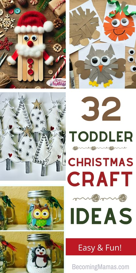 These 32 adorable toddler Christmas crafts are perfect for little hands. Festive cardboard creations, cute fabric decorations, and many more! These easy Christmas craft ideas will keep your toddler entertained. Christmas Gift For Toddlers To Make, Christmas Crafts With Toddlers Easy, Kids Christmas Crafts Toddlers, Christmas Projects Toddlers, Simple Christmas Toddler Crafts, Christmas Diy Toddler Crafts, Small Kids Christmas Crafts, Toddler Art For Christmas, Toddler Holiday Crafts Christmas